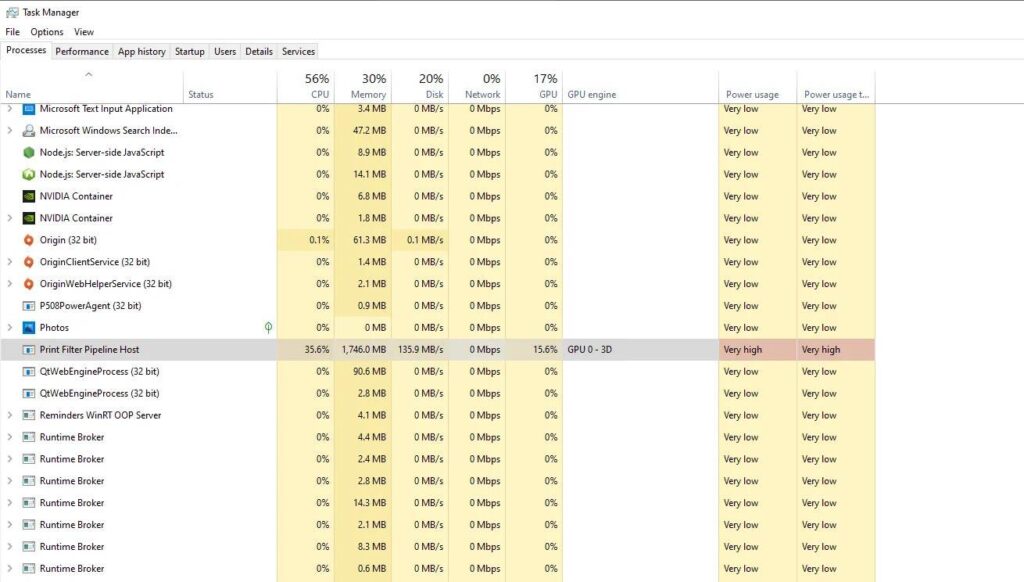 Print Filter Pipeline Host High CPU Server 2019